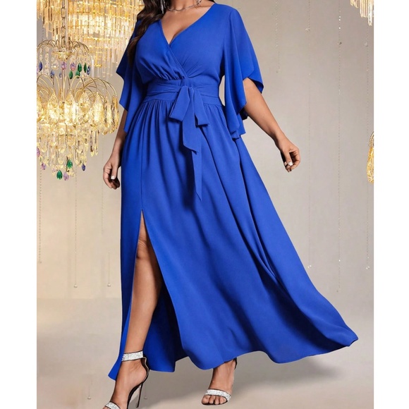 Plus Royal Blue Butterfly Sleeve Belted Split Hem Maxi Dress - Picture 2 of 4
